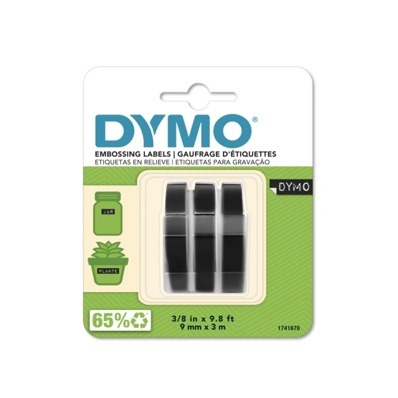 DYMO Embossing Tape 9mm x 3m, Black, 3 Pack (1741670)