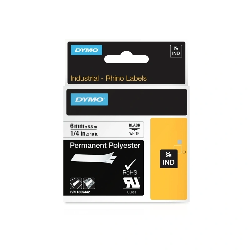 DYMO Rhino Permanent Polyester Tape 6mm x 5.5m, Black on White (1805442)