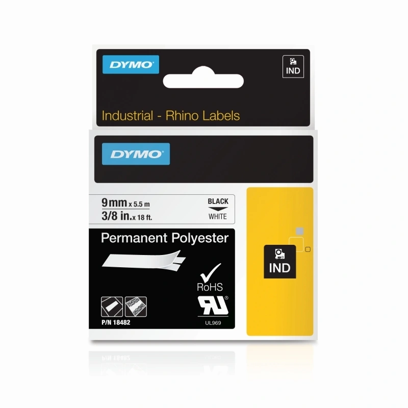 DYMO Rhino Permanent Polyester Labels 9mm x 5.5m, Black on White (18482)