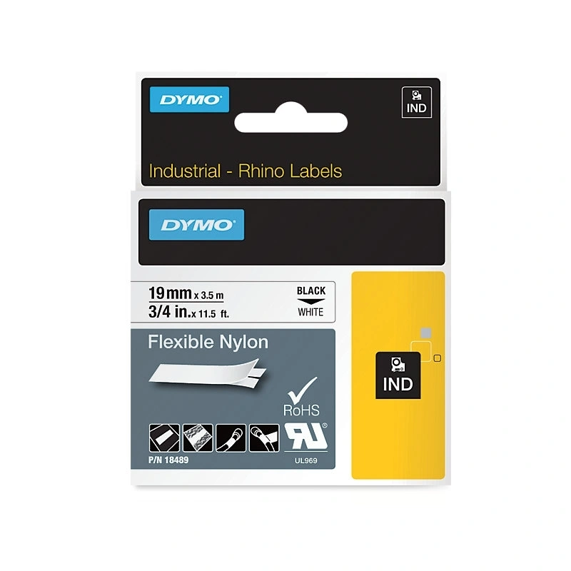 DYMO Rhino Flexible Nylon Labels 19mm x 3.5m, Black on White (18489)