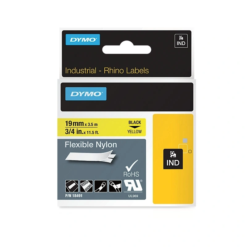 DYMO Rhino Flexible Nylon Labels 19mm x 3.5m, Black on Yellow (18491)