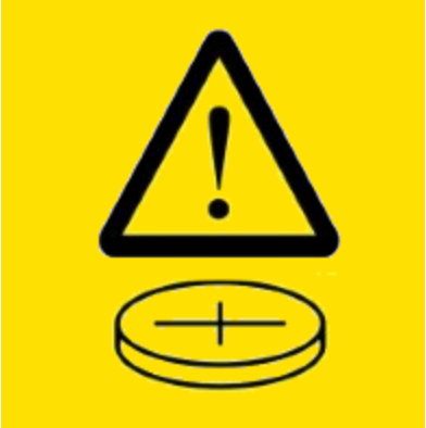 28x28 Button Battery Fluro Yellow Warning Label 1,000 Per Roll