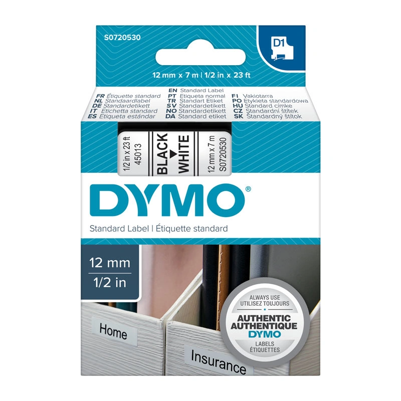 DYMO D1 Label Tape 12mm x 7m, Black on White (S0720530)