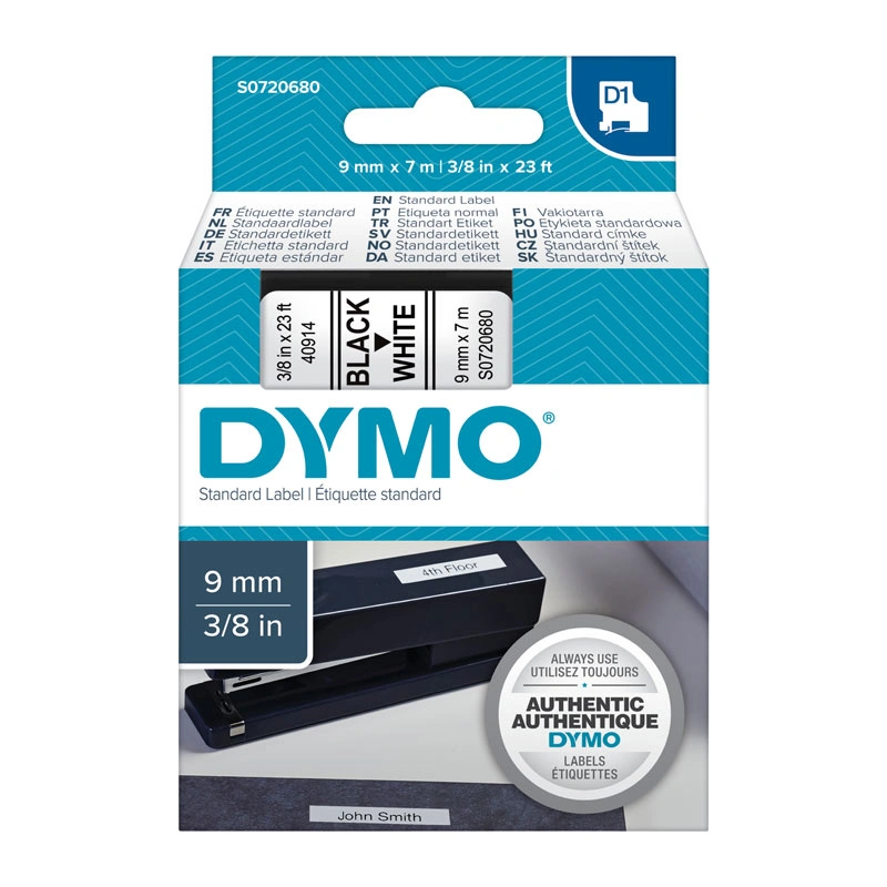 DYMO D1 Label Tape 9mm x 7m, Black on White (S0720680)