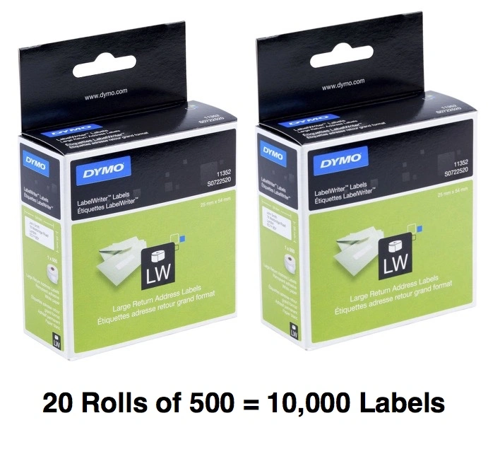 DYMO Label 25mm x 54mm (20 Rolls of 500 = 10,000 Labels) Permanent Adhesive White (SKU 11352 S0722520)