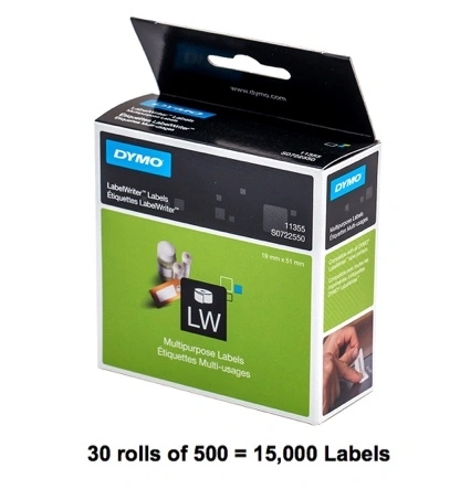 DYMO Label 25mm x 54mm (30 Rolls of 500 = 15,000 Labels) Permanent Adhesive White (SKU 11352 S0722520)