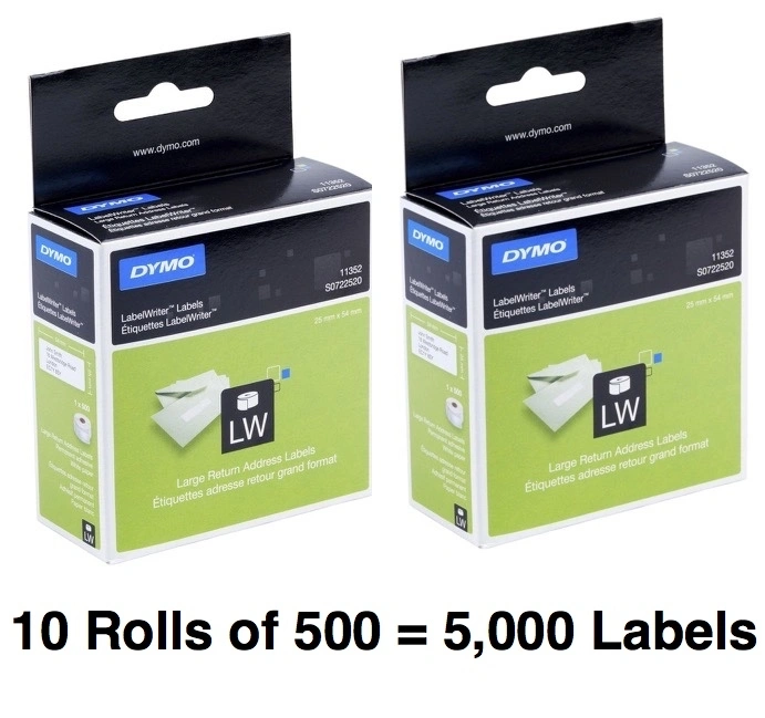 DYMO Label 25mm x 54mm (10 Rolls of 500 = 5,000 Labels) Permanent Adhesive White (SKU 11352 S0722520)