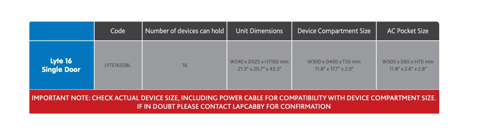 LapCabby Lyte 16 Device Single Door Horizontal Static AC Charging Cabinet - Laptops, Tablets & Chromebooks 15"