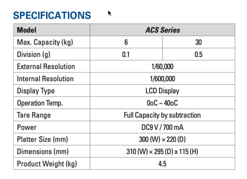 CAS ACS Coin Counting Scales Specs