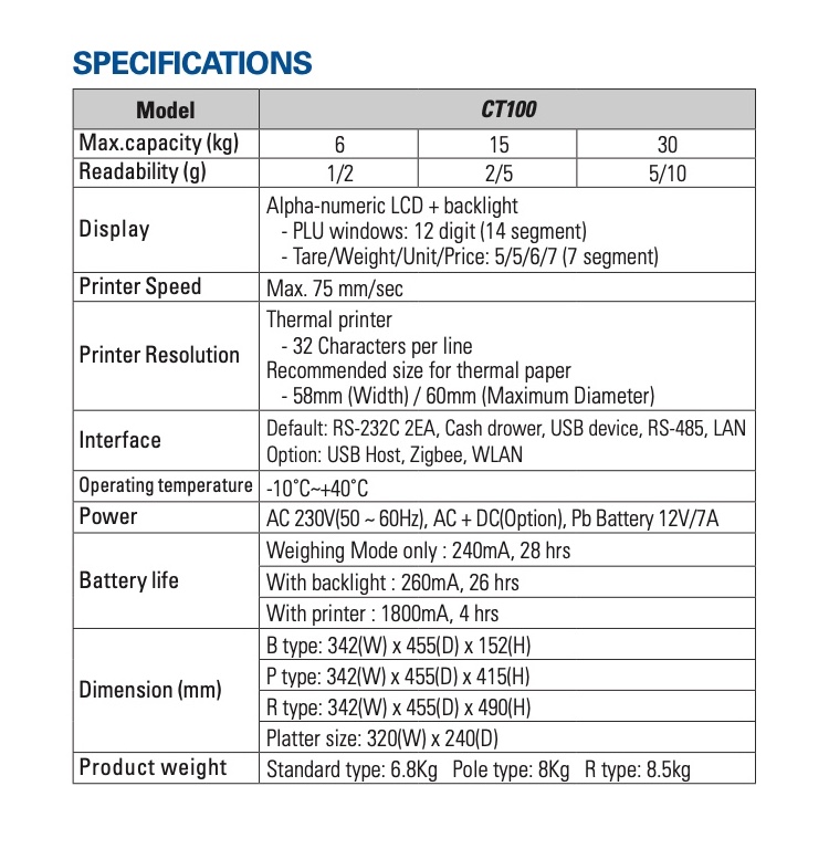 CAS CT100 Scale Specificaions