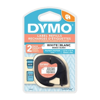 DYMO LetraTag Paper Labels 12mm x 4m, Black on White, 2 Pack (10697)