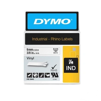 DYMO Rhino Vinyl Tape 9mm x 5.5m, Black on White (18443)