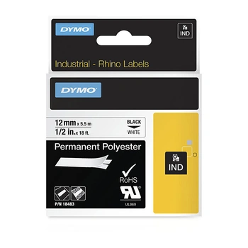 DYMO Rhino Permanent Polyester Industrial Tape 12mm, Black on White (18483)