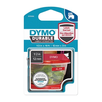 DYMO D1 Durable Label Tape 12mm x 3m, White on Red (1978366)