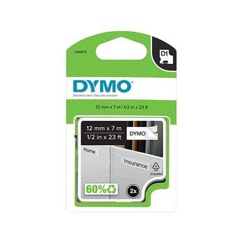 DYMO D1 Label Tape 12mm x 7m, Black on White, 2 Pack (2150472)