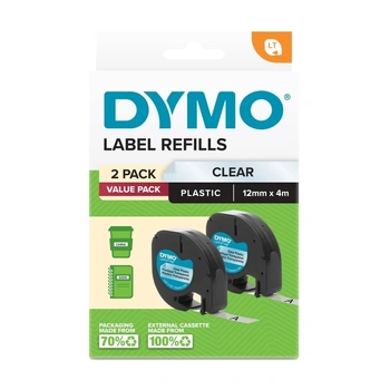 DYMO LetraTag Plastic Labels 12mm x 4m, Clear, 2 Pack (2191233)