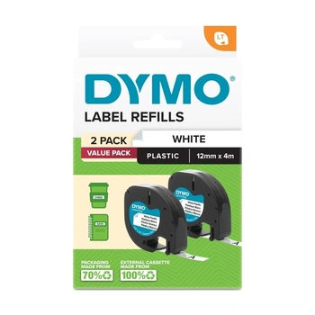 DYMO LetraTag Plastic Labels 12mm x 4m, White, 2 Pack (2191235)