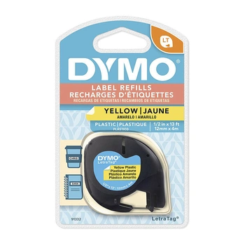 DYMO LetraTag Plastic Labels 12mm x 4m, Black on Yellow (91332)