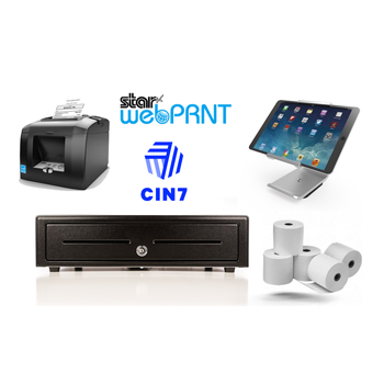 CIN7 Compatible Bundle no.4 (Star TSP654 WebPrnt LAN / Ethernet Thermal Receipt Printer, iPad Stand for iPad, Cash Drawer, Paper)