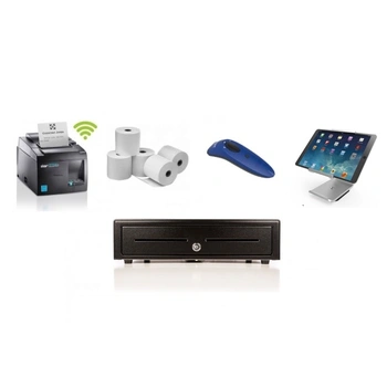 NETO MaroPost Apple iPad Bundle No.9 STAR TSP143 WLAN Wifi Printer, iPad VPOS Tilt Stand, Socket Scanner, Cash Drawer, Paper