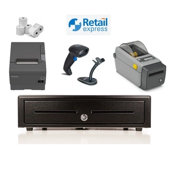 Retail Express Bundle No.15 - Epson Receipt Printer, Corded Scanner 2D USB, Zebra Label Printer, Cash Drawer, Paper