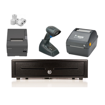 Retail Express Bundle No.25 - Epson Receipt Printer, Cordless Scanner, 4 inch Label Printer, Cash Drawer, Paper