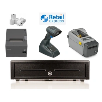Retail Express Bundle No.3 - Epson Receipt Printer, Cordless (USB) Scanner, 2 inch Label Printer, Cash Drawer, Paper