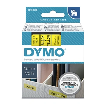 DYMO D1 Label Tape 12mm x 7m, Black on Yellow (S0720580)