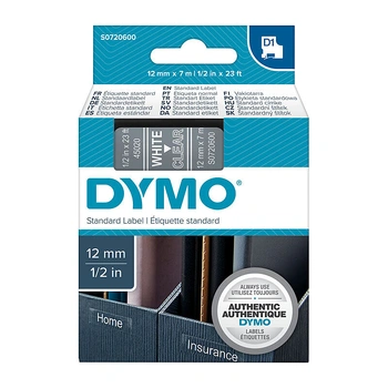 DYMO D1 Label Tape 12mm x 7m, White on Clear (S0720600)