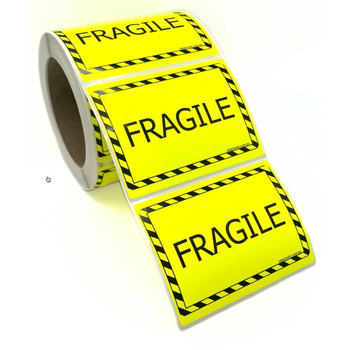 100×75 FRAGILE Fluro Yellow Warning Label Roll Black Printed