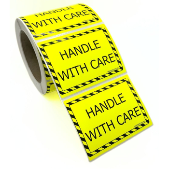 100×75 HANDLE WITH CARE Fluro Yellow Warning Label Roll Black Printed
