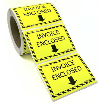 100×75 INVOICE ENCLOSED Fluro Yellow Warning Label Roll Black Printed