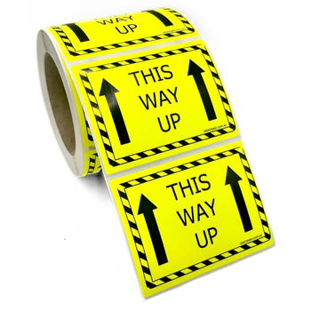 100×75 THIS WAY UP Fluro Yellow Warning Label Roll Black Printed