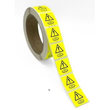 28x28 Button Battery Fluro Yellow Warning Label 1,000 Per Roll