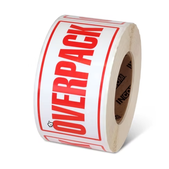 50x100 OVERPACK Warning Label Roll Red Printed W50100ROV 50mm X 100mm