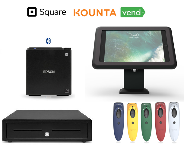 Vend, Square, Kounta iPad Elite Bluetooth POS Bundle (Receipt Printer, 2D Scanner, Stand, Cash Drawer)