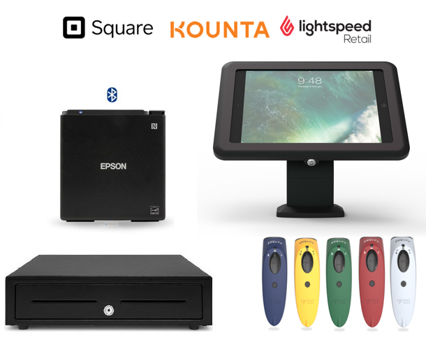 LightSpeed Retail POS, Square, Kounta iPad Elite Bluetooth POS Bundle (Receipt Printer, 2D Scanner, Stand, Cash Drawer)