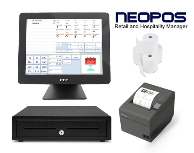 NeoPOS Retail and Hospitality Manager Bundle - Touch POS Terminal, Thermal Printer, Software. Drawer, Paper
