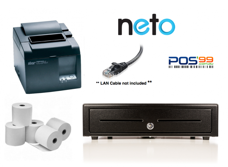 NETO Apple iPad/Mac or Windows PC Bundle no.1 STAR TSP143LAN Printer, Cash Drawer, Paper