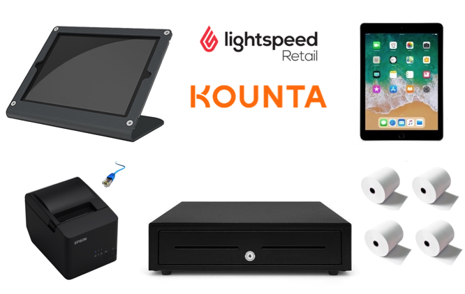 LightSpeed Retail and Kounta POS Bundle - Wifi iPad, iPad Stand, Receipt Printer, Cash drawer, Paper